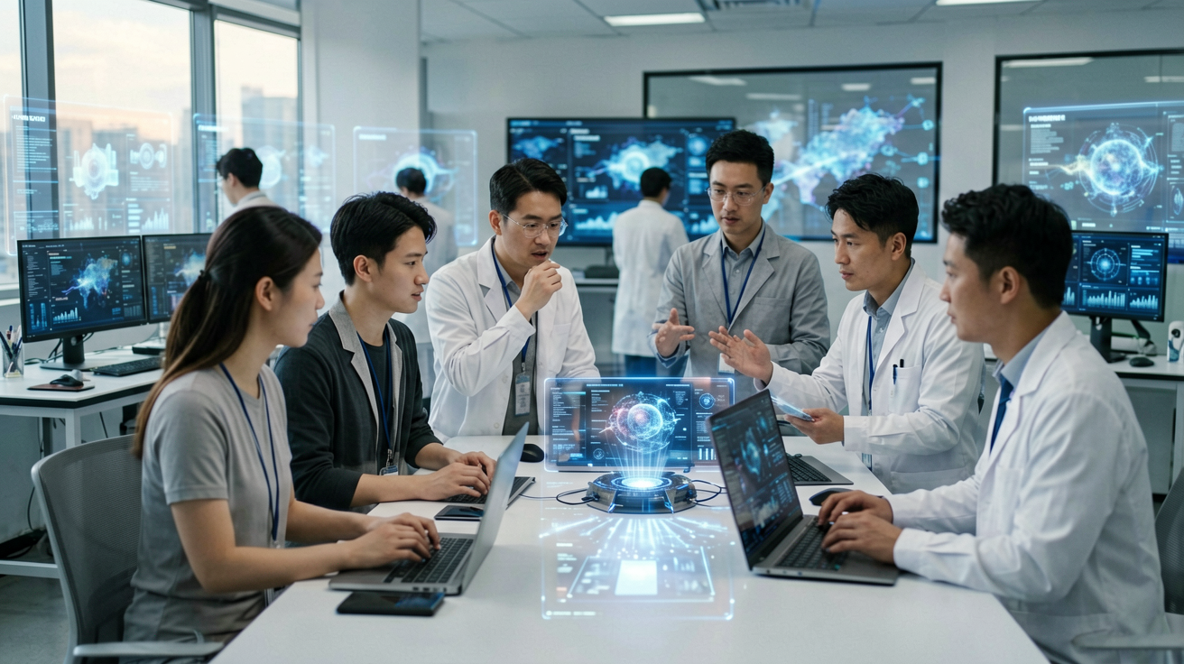 彩神VI团队在科技实验室进行智能系统研发工作